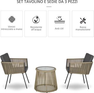 Set da Giardino 3 Pezzi in Rattan PE e Acciaio, Set 2 Sedie con Cuscini Lavabili, Braccioli, Tavolo da Caffè con Piano in Vetro, Set di Mobili per Balcone, Terrazzo, Giardino, Caffè/Grigio