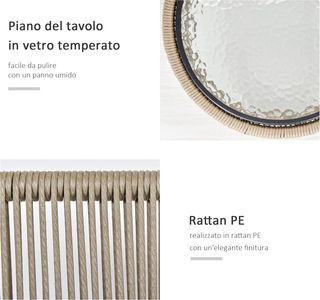 Set da Giardino 3 Pezzi in Rattan PE e Acciaio, Set 2 Sedie con Cuscini Lavabili, Braccioli, Tavolo da Caffè con Piano in Vetro, Set di Mobili per Balcone, Terrazzo, Giardino, Caffè/Grigio