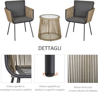 Set da Giardino 3 Pezzi in Rattan PE e Acciaio, Set 2 Sedie con Cuscini Lavabili, Braccioli, Tavolo da Caffè con Piano in Vetro, Set di Mobili per Balcone, Terrazzo, Giardino, Caffè/Grigio