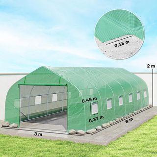Invernadero de Jardín en Forma de Túnel 8X3X2 M con Puerta Enrollable, Invernadero para Huerto con 12 Ventanas, Cubierta de PE y Estructura de Acero, Verde
