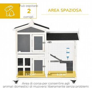 Conejera Exterior para 2 Conejos en Madera de Abeto y Techo de Betún con Bandeja Extraíble y Área de Carrera Compartida, 110X60X104 Cm, Gris y Blanco