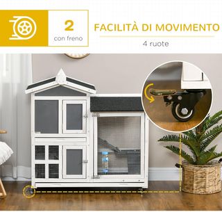 Conejera Exterior para 2 Conejos en Madera de Abeto y Techo de Betún con Bandeja Extraíble y Área de Carrera Compartida, 110X60X104 Cm, Gris y Blanco