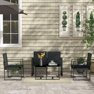 Set da Giardino 5 Pezzi con 2 Sedie, Divano e 2 Tavoli, Mobili da Giardino con Cuscini e Tavolo in Vetro, Nero