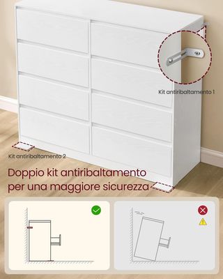 KAILYN Collezione - Cassettiera Con 8 Cassetti, Comodino, Mobile Con Cassetti, Porta Abbigliamento, 40 X 119,4 X 97,5 Cm, Stile Moderno, Bianco Neve LTS618WE01