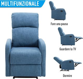 Poltrona relax reclinabile manuale con poggiapiedi, capacità 125 kg, tessuto lino 67 × 83 × 107 cm, blu
