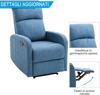 Poltrona relax reclinabile manuale con poggiapiedi, capacità 125 kg, tessuto lino 67 × 83 × 107 cm, blu