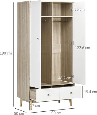 Armadio in legno a 2 ante con 4 scomparti, 2 cassetti e appendiabiti, colore legno e bianco, 90x50x190cm