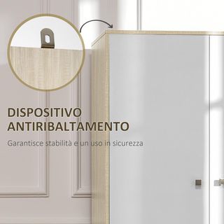 Armadio in legno a 2 ante con 4 scomparti, 2 cassetti e appendiabiti, colore legno e bianco, 90x50x190cm