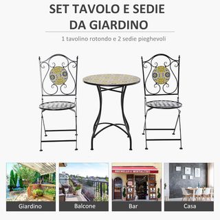 Set da Tavolo e Sedie da Balcone 3 Pezzi, Set da Giardino Pieghevole in Metallo con Piastrelle Colorate, Multicolore