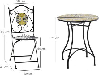Set da Tavolo e Sedie da Balcone 3 Pezzi, Set da Giardino Pieghevole in Metallo con Piastrelle Colorate, Multicolore
