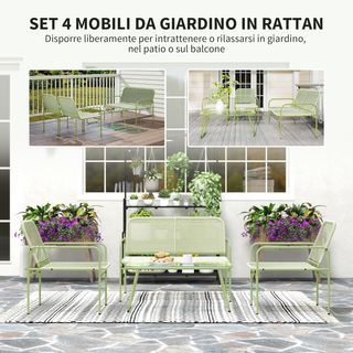 Set di mobili da giardino in rattan 4 pezzi, soggiorno all'aperto con divano a 2 posti, 2 poltrone, tavolino in vetro, set da giardino in acciaio per terrazzo e balcone, verde