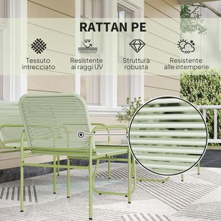 Set di mobili da giardino in rattan 4 pezzi, soggiorno all'aperto con divano a 2 posti, 2 poltrone, tavolino in vetro, set da giardino in acciaio per terrazzo e balcone, verde