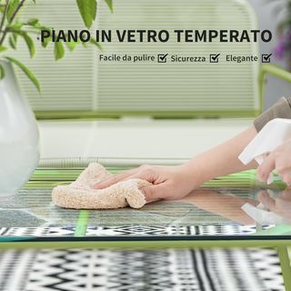 Set di mobili da giardino in rattan 4 pezzi, soggiorno all'aperto con divano a 2 posti, 2 poltrone, tavolino in vetro, set da giardino in acciaio per terrazzo e balcone, verde