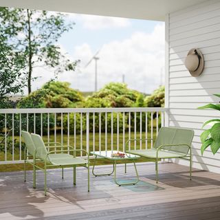 Set di mobili da giardino in rattan 4 pezzi, soggiorno all'aperto con divano a 2 posti, 2 poltrone, tavolino in vetro, set da giardino in acciaio per terrazzo e balcone, verde