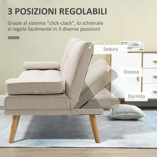 Divano letto reclinabile a 3 posti con 2 braccioli rimovibili, divano a 3 posti imbottito trasformabile in tessuto e legno con portabicchieri per soggiorno e salotto, 181X77X78 cm, beige