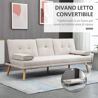 Divano letto 3 posti reclinabile con 2 braccioli smontabili, divano 3 posti imbottito trasformabile in tessuto e legno con portabicchieri per soggiorno e salotto, 181X77X78 cm, beige