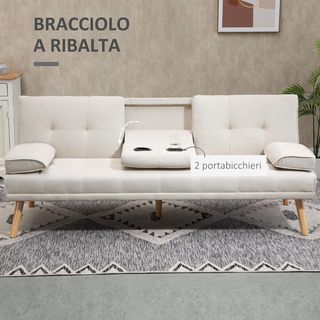 Divano letto 3 posti reclinabile con 2 braccioli smontabili, divano 3 posti imbottito trasformabile in tessuto e legno con portabicchieri per soggiorno e salotto, 181X77X78 cm, beige