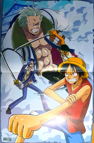 Pósters One piece que vienen en pequeñas revistas.