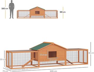 Conejera Exterior de Madera con Casita y 2 Recintos 309X79X86Cm