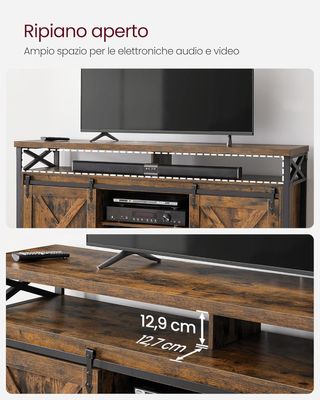 Televisor Móvil para Televisores de Hasta 65 Pulgadas, Mesa de TV con Estantes Ajustables, Puertas Estilo Granero, Vintage, Estructura de Metal, Marrón Vintage y Negro LTV071B01V1