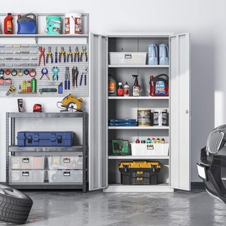 Armadio da garage con 5 ripiani e 2 ante, armadio per ufficio, 40 x 80 x 180 cm, 1 serratura, ripiani regolabili, armadio in metallo, grigio opaco OMC015G01