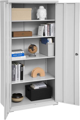 Armadio da garage con 5 ripiani e 2 ante, armadio per ufficio, 40 x 80 x 180 cm, 1 serratura, ripiani regolabili, armadio in metallo, grigio opaco OMC015G01