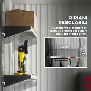 Capanno da Giardino con Base in Acciaio e 2 Ripiani Regolabili, Capanno per Attrezzi con Tetto e Porta Bloccabile, 161X95X163/181Cm, Grigio