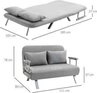 Sofá Cama de 2 Plazas con Respaldo Regulable en 5 Niveles, Sofá Cama Matrimonial Plegable con 2 Cojines para Sala de Estar, en Cuero Sintético y Acero, 111X80X78 Cm, Gris Claro