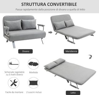 Sofá Cama de 2 Plazas con Respaldo Regulable en 5 Niveles, Sofá Cama Matrimonial Plegable con 2 Cojines para Sala de Estar, en Cuero Sintético y Acero, 111X80X78 Cm, Gris Claro