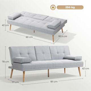 Divano letto a 3 posti reclinabile con 2 braccioli rimovibili, divano pieghevole 3 in 1 imbottito 181X77X78 cm in tessuto e legno con tavolino per soggiorno, grigio scuro