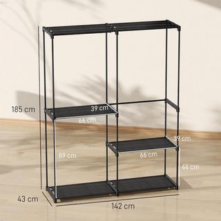 Guardaroba con 3 barre e 4 ripiani, guardaroba in tessuto non tessuto, plastica e acciaio, 142X43X185 cm, nero