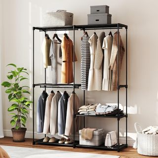 Guardaroba con 3 barre e 4 ripiani, guardaroba in tessuto non tessuto, plastica e acciaio, 142X43X185 cm, nero