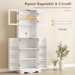 Alacena Alta 180Cm, Mueble Despensa Con 8 Estantes En La Puerta, Pasacables, Puertas Acrílicas, Estantes Regulables, Mesa Para Microondas, Rústico, Para Comedor Sala De Estar, Blanco