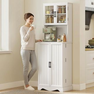 Alacena Alta 180Cm, Mueble Despensa Con 8 Estantes En La Puerta, Pasacables, Puertas Acrílicas, Estantes Regulables, Mesa Para Microondas, Rústico, Para Comedor Sala De Estar, Blanco