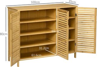 Zapatero de 8 ripiani su 3 livelli con maniglie, mobile porta scarpe in bambù per soggiorno e ingresso, 100X35X80 cm, colore legno