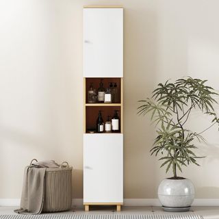 Mueble de Baño de Columna con Puertas, 2 Estantes Abiertos, 2 Armarios, Mueble de Baño Ahorra Espacio con Estantes Regulables para Comedor, Sala de Estar, 30X30X166 Cm, Blanco y Madera