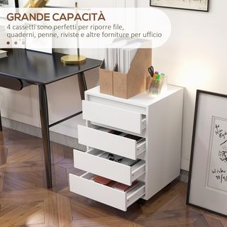 Archiviatore da ufficio con 4 cassetti, ruote con freno, cassettiera da scrivania per formato A4/Legal, cassettiera da ufficio per sotto scrivania, 46X40X65 cm, bianco