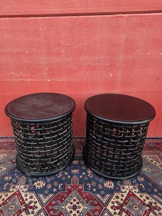 Set di 3 tavolini nido in vimini e legno