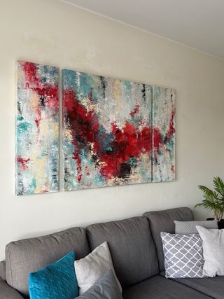 Cuadros abstractos, tríptico pintado a mano.