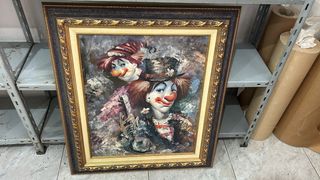 Cuadro óleo payasos marco dorado