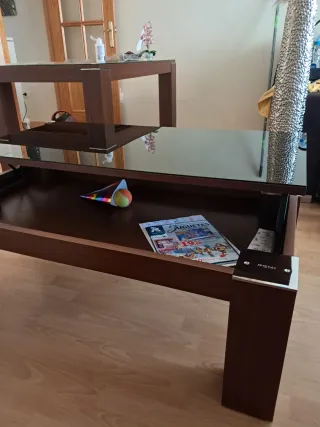 Mesa centro elevable cristal negro y madera