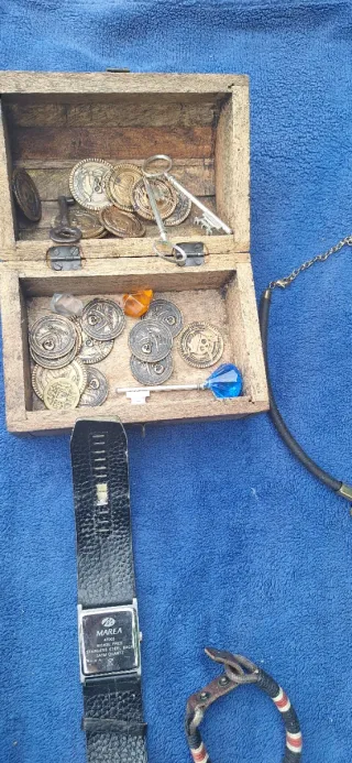 Lote baúl madera monedas collar pulsera
