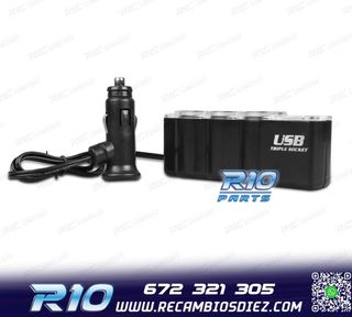 ADAPTADOR MECHERO COCHE 12V 3 ENTRADAS + USB