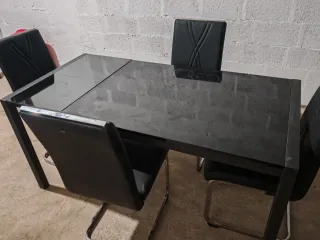 Mesa Cristal Negra y 4 Sillas 120(166)x80x75