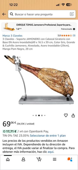 Soporte Jamonero 3 Claveles Acero Inoxidable