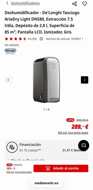 Deshumidificador De'Longhi AriaDry Light DNS80