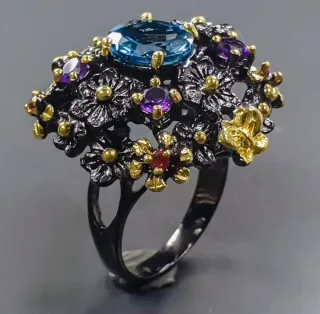 Anello Argento 925 Placcato Oro, Pietre Naturali