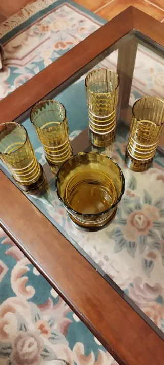 Juego 4 Vasos y jarra Cristal Ámbar
