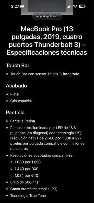MacBook Pro 13” 2019 4 puertos Thunderbolt 3