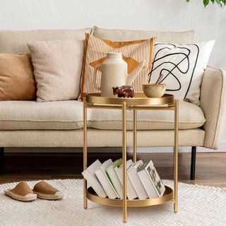 Tavolo ausiliario dorato a 2 livelli bianco